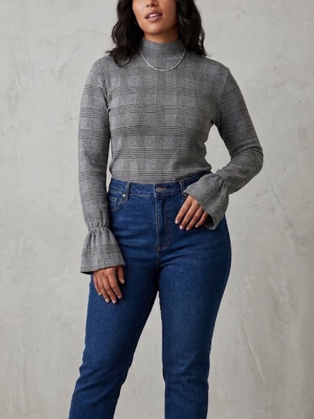 Zara Houndstooth Herringbone Knit Long Sleeve Top Size M